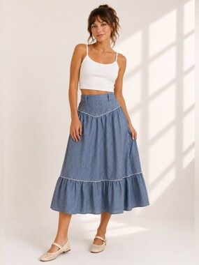 Vintage 70s 80s Tem Tex Western Prairie Skirt Chambray Blue Ruffle Maxi 28” W